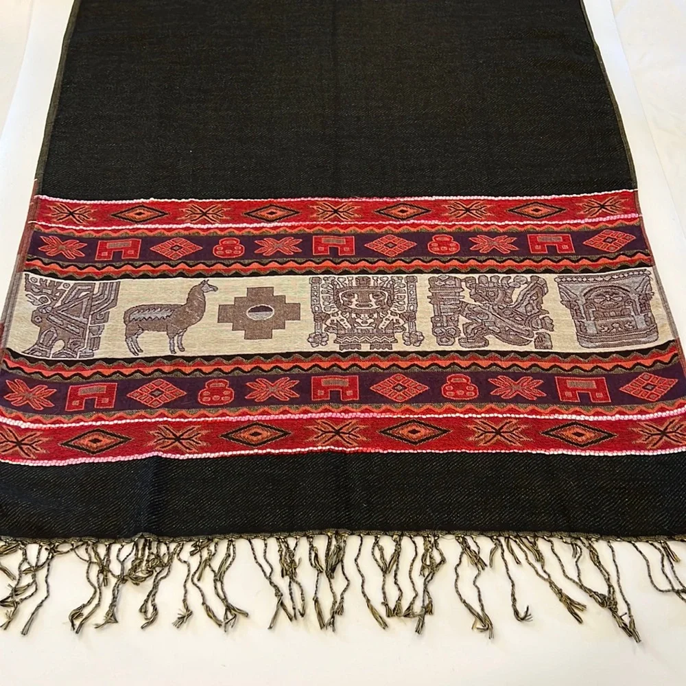 Printed scarf shawl with llama design in black red and green colors oversized